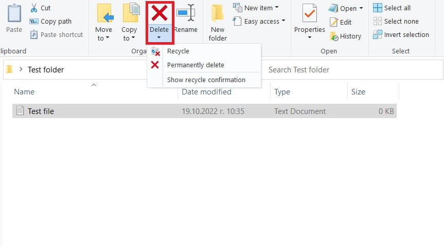 delete option - ribbon